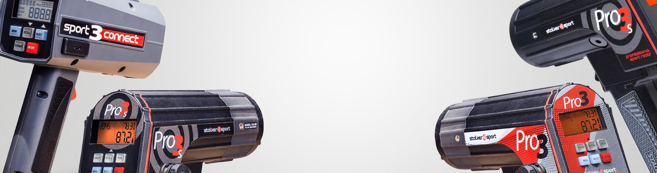 The Stalker Sport Pro 3s, Pro 3, and Sport 3 Connect over a light grey background.