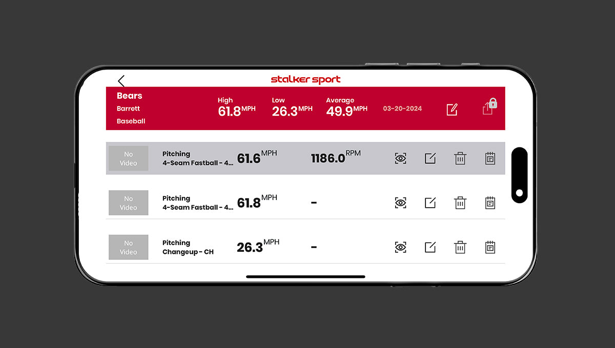 Phone displaying the Stalker Sport Radar iOS app with speed reading of 86.0 MPH and a spin rate of 2150 RPM on a dark background.