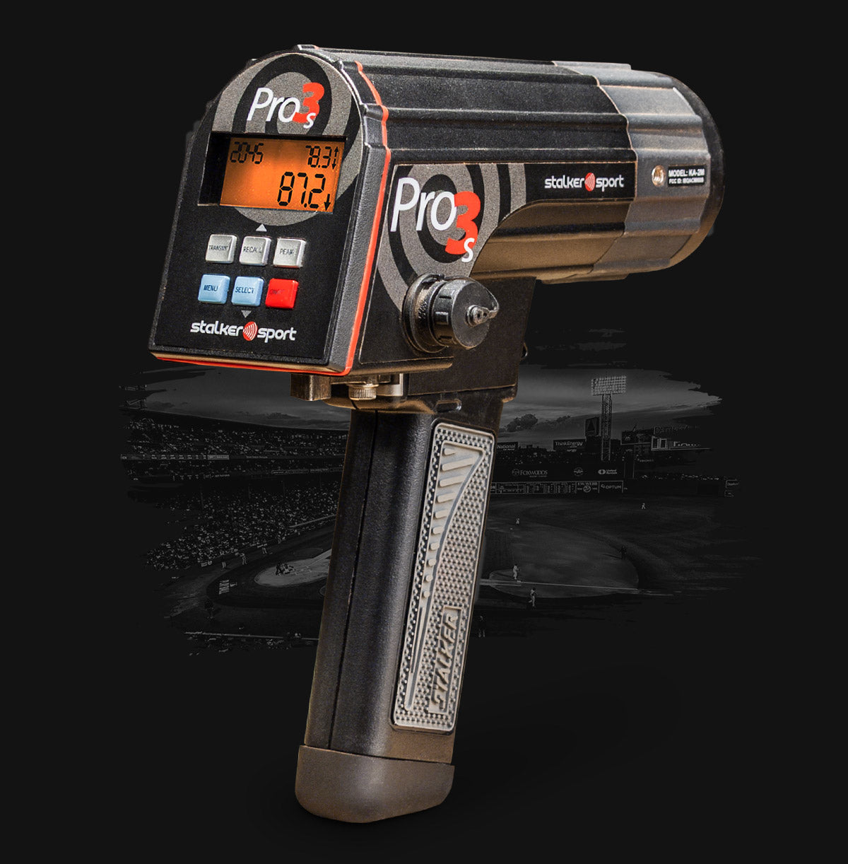 The right side profile of the Pro 3s radar gun showing a speed of 87.2 MPH, a rolldown velocity of 78.3 MPH, and a spin rate of 2045.