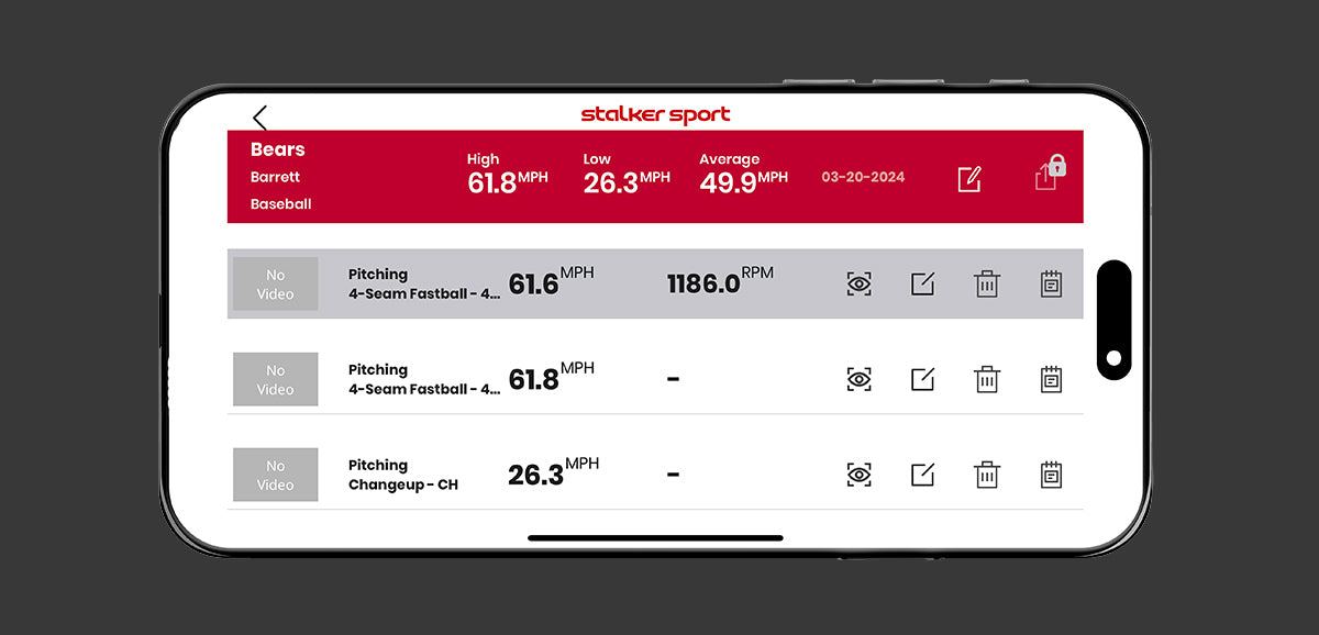 A phone displaying pitching data tracked using the Stalker Sport Radar iOS app.