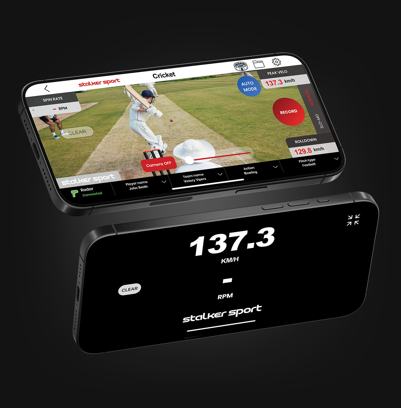 Two phones displaying the video and stadium modes of the Stalker Sport Radar app for a cricket game, showing 137.3 km/h.