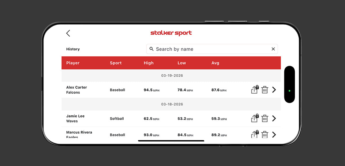 A phone displaying pitching data tracked using the Stalker Sport Radar iOS app.