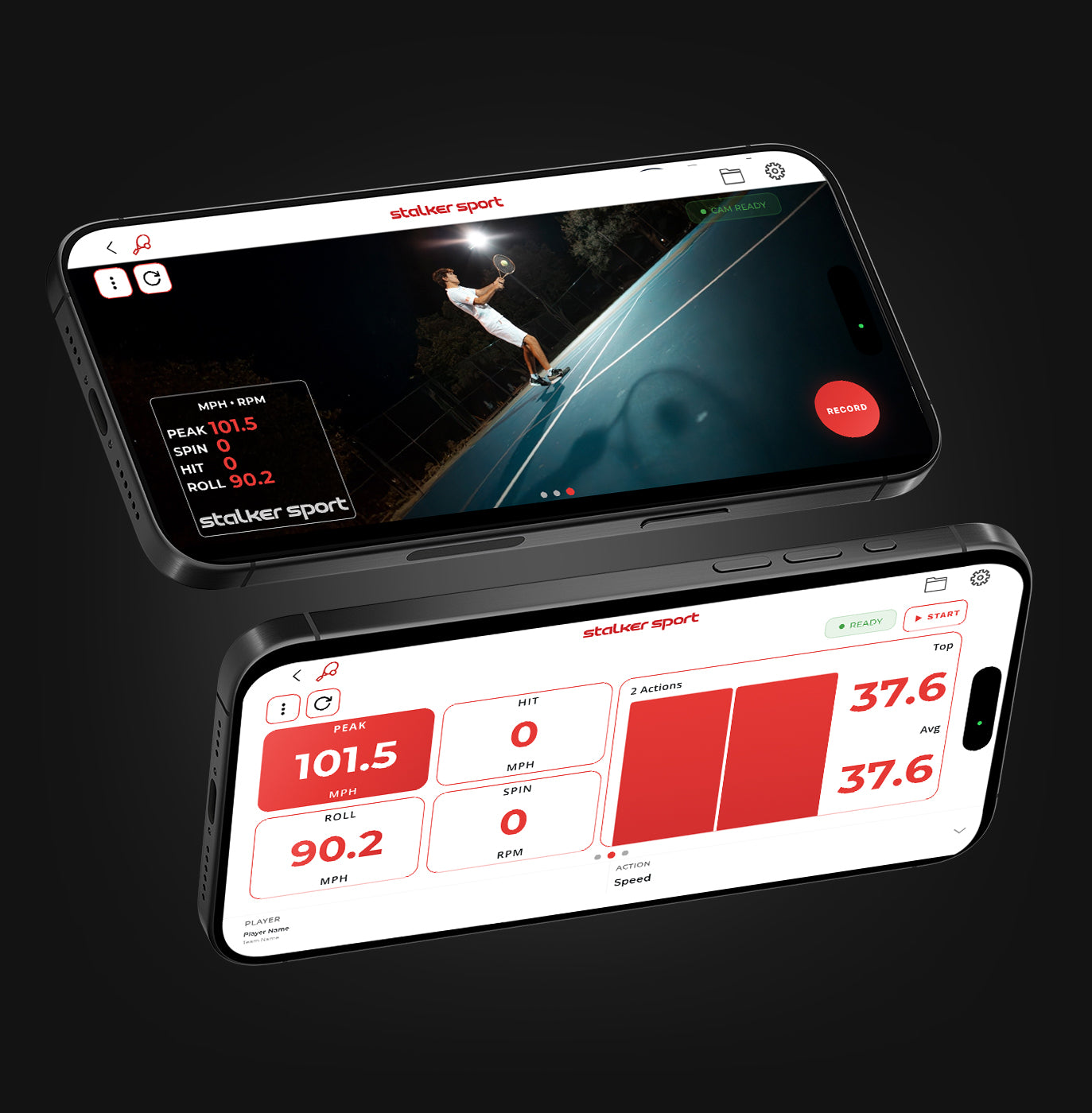 Two phones displaying the Stalker Sport Radar app. The top phone is in video mode and is showing a tennis player returning a ball at 101.5 MPH. The bottom phone shows the app in Stadium Mode, displaying a speed of 101.5 MPH.