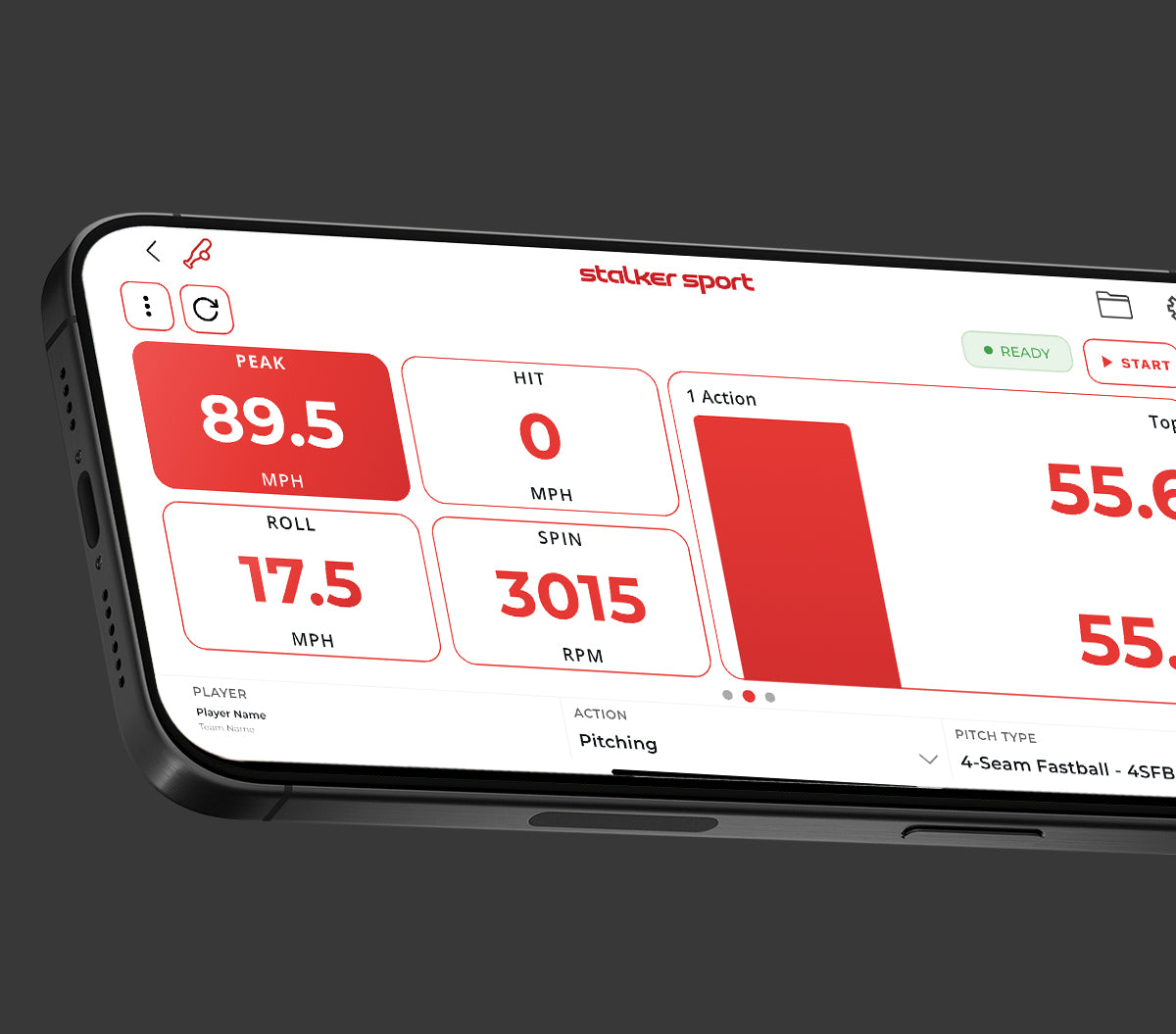 Phone displaying the Stalker Sport Radar iOS app with speed reading of 86.0 MPH and a spin rate of 2150 RPM on a dark background