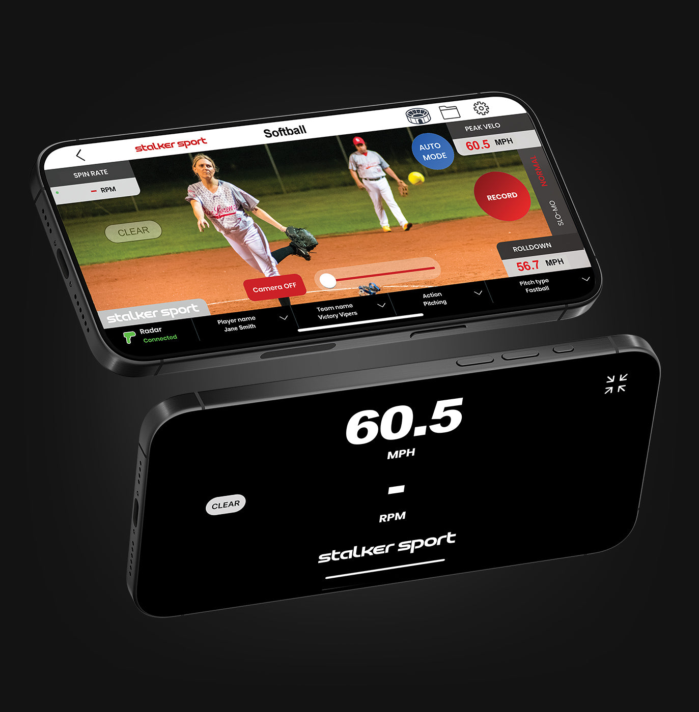 Two phones running the Stalker Sport Radar app. The top phone is showing video mode for Softball, and the bottom phone is in Stadium Mode showing a speed of 60.5 MPH.