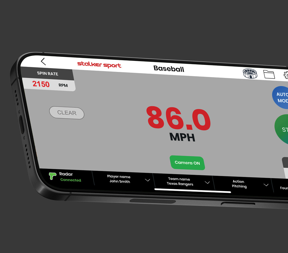 Phone displaying the Stalker Sport Radar iOS app with speed reading of 86.0 MPH and a spin rate of 2150 RPM on a dark background