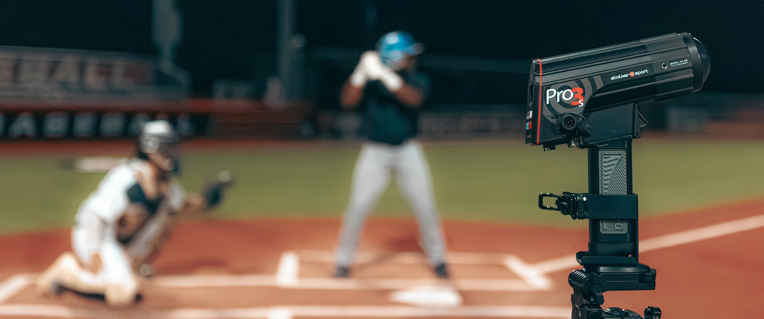 The side profile of the Stalker Pro 3s radar on a baseball field at night.