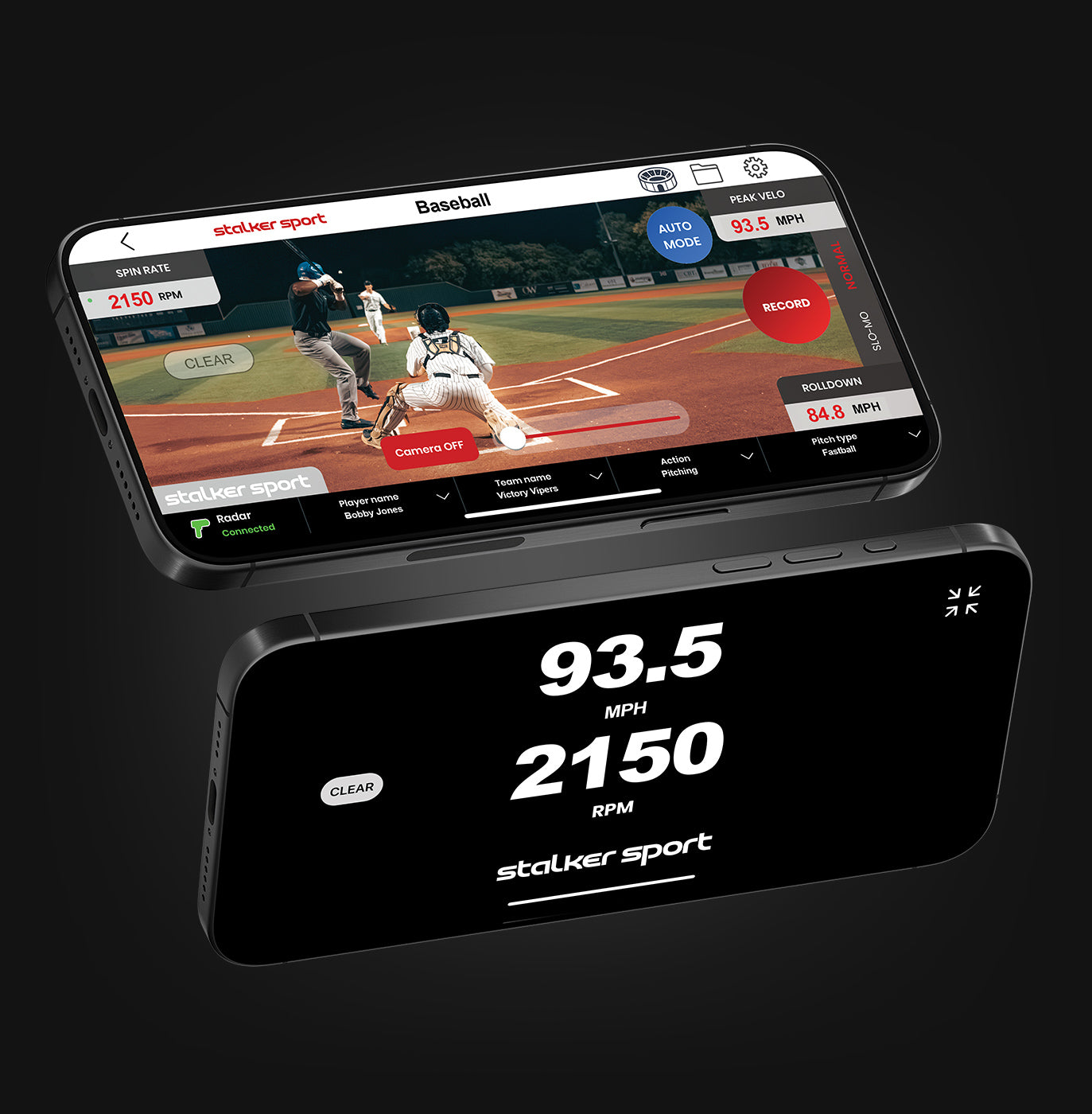 Two phones displaying video mode and stadium mode from the Stalker Sport Radar iOS app. 
