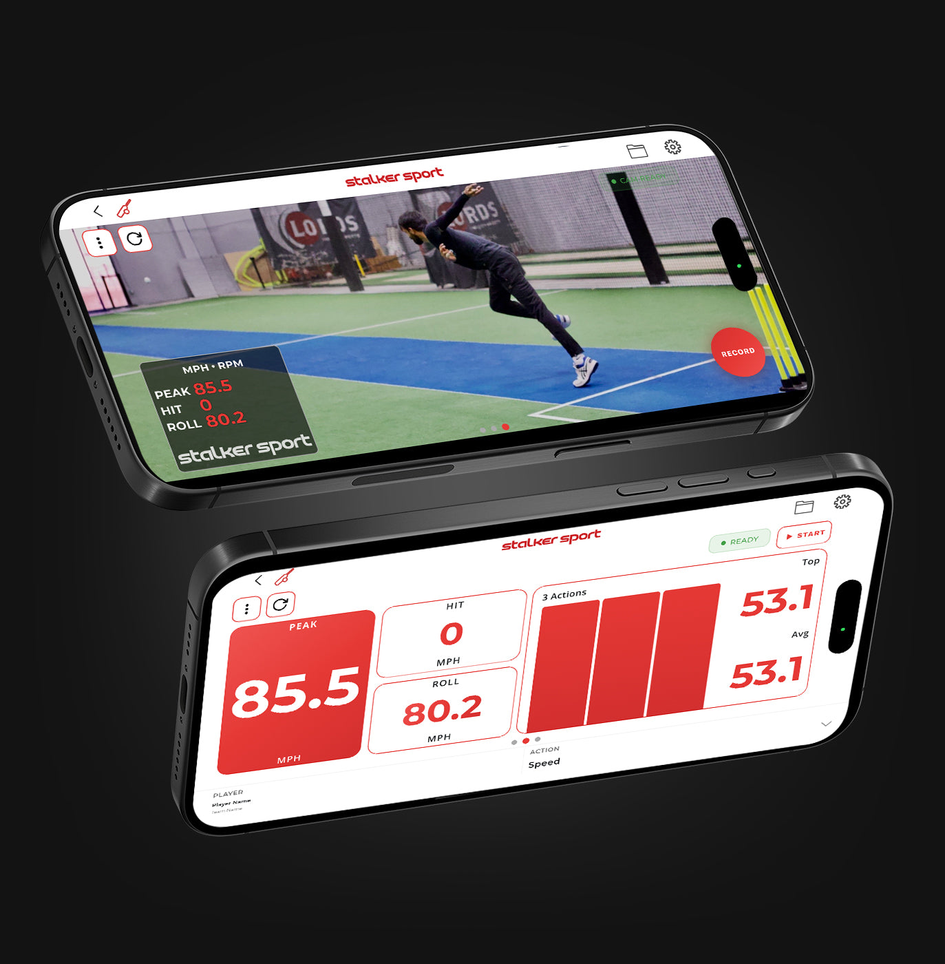 Two phones showing the Stalker Sport App on their screens and a view of someone playing cricket. 