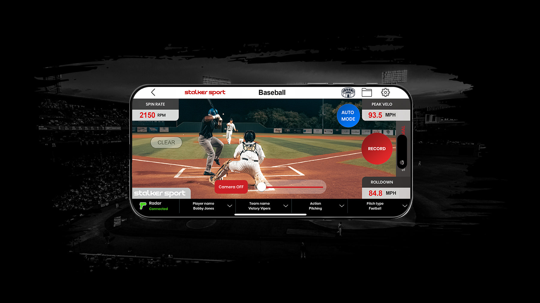 A phone screen displaying the Stalker Sport Radar App being used during a baseball game. It is measuring a spin rate of 2150 rpm and a peak velocity of 93.5 mph.