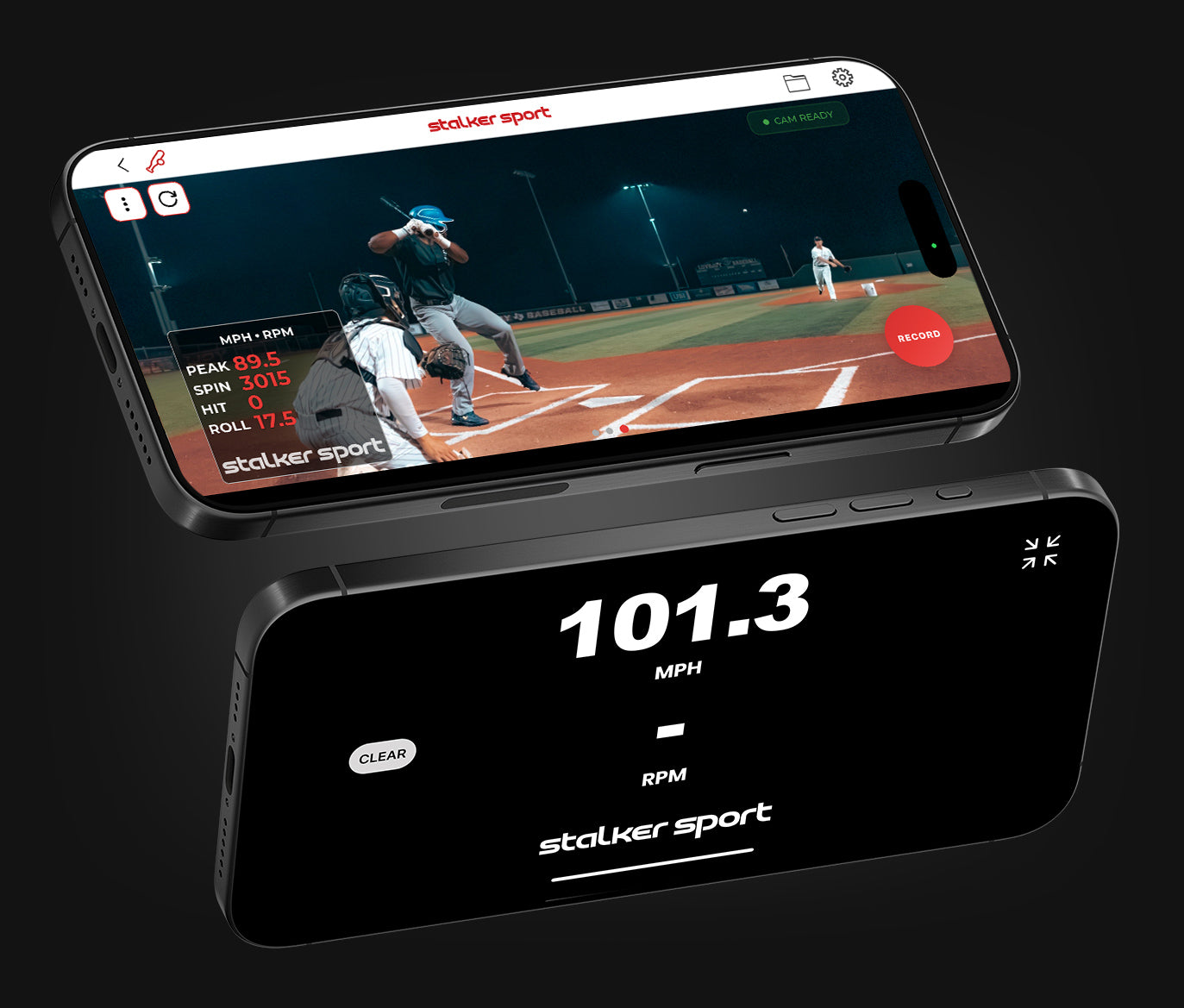 The Stalker Sport App on two mobile phones, showcasing video of the players on the one screen and the metrics on the other screen. 