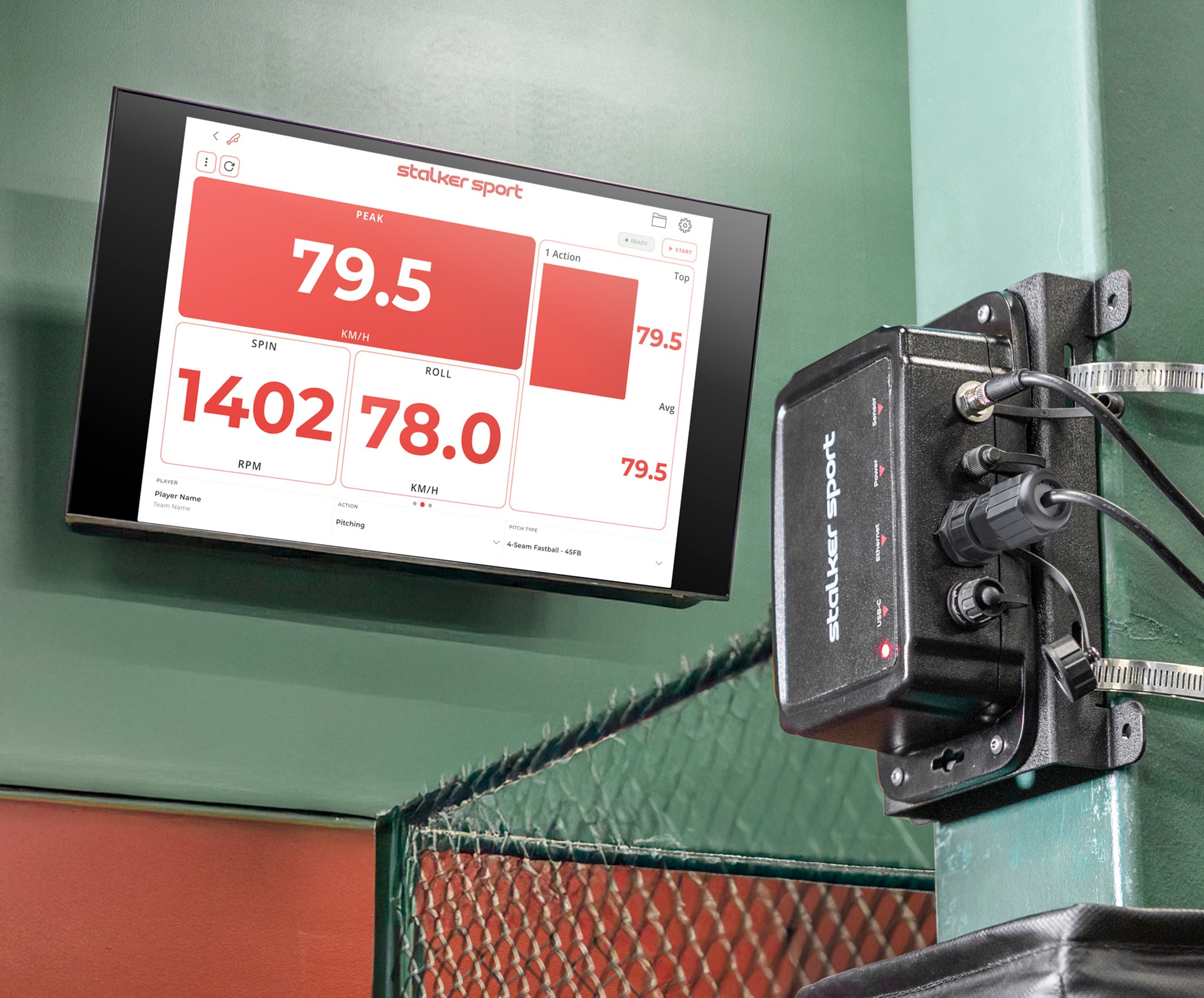 Stalker Sport App showcased on a television screen with the Stalker Stadium Hub nearby attached to a pole. 