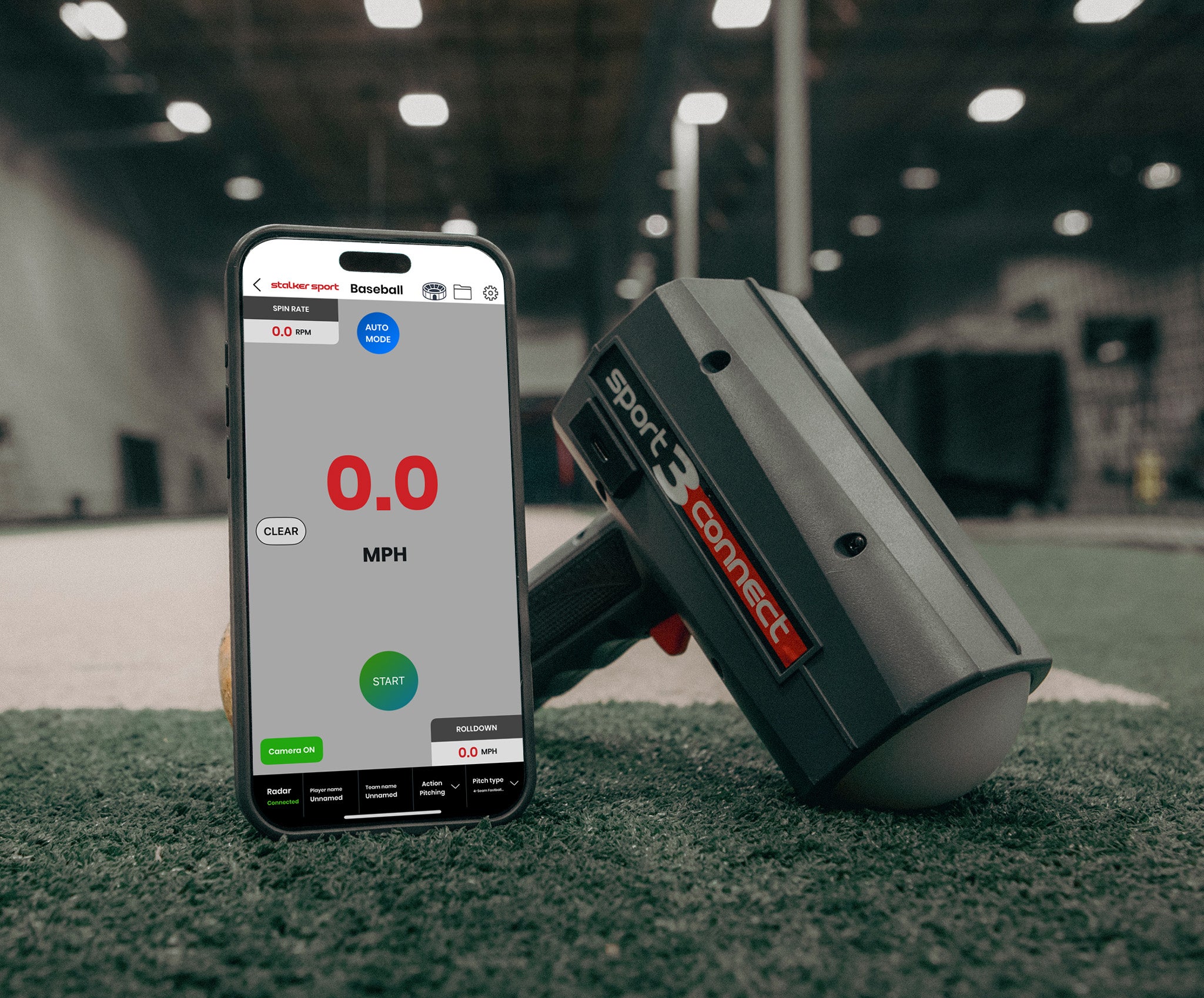 A Sport 3 Connect radar gun beside a phone running the Stalker Sport Radar App. The background is an indoor cricket training facility.