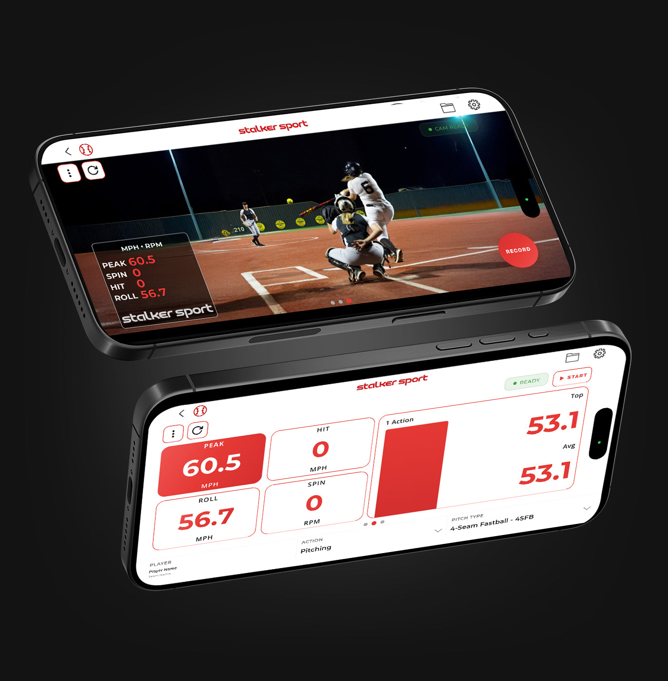 Two phones running the Stalker Sport Radar app. The top phone is showing video mode for Softball, and the bottom phone is in Stadium Mode showing a speed of 60.5 MPH.