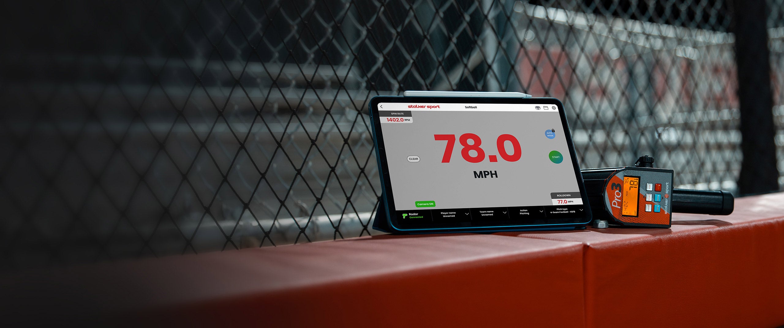 An iPad using the Stalker Sport Radar app showing a velocity of 78.0 MPH next to a Pro 3 radar gun also displaying a speed of 78.0 MPH. 