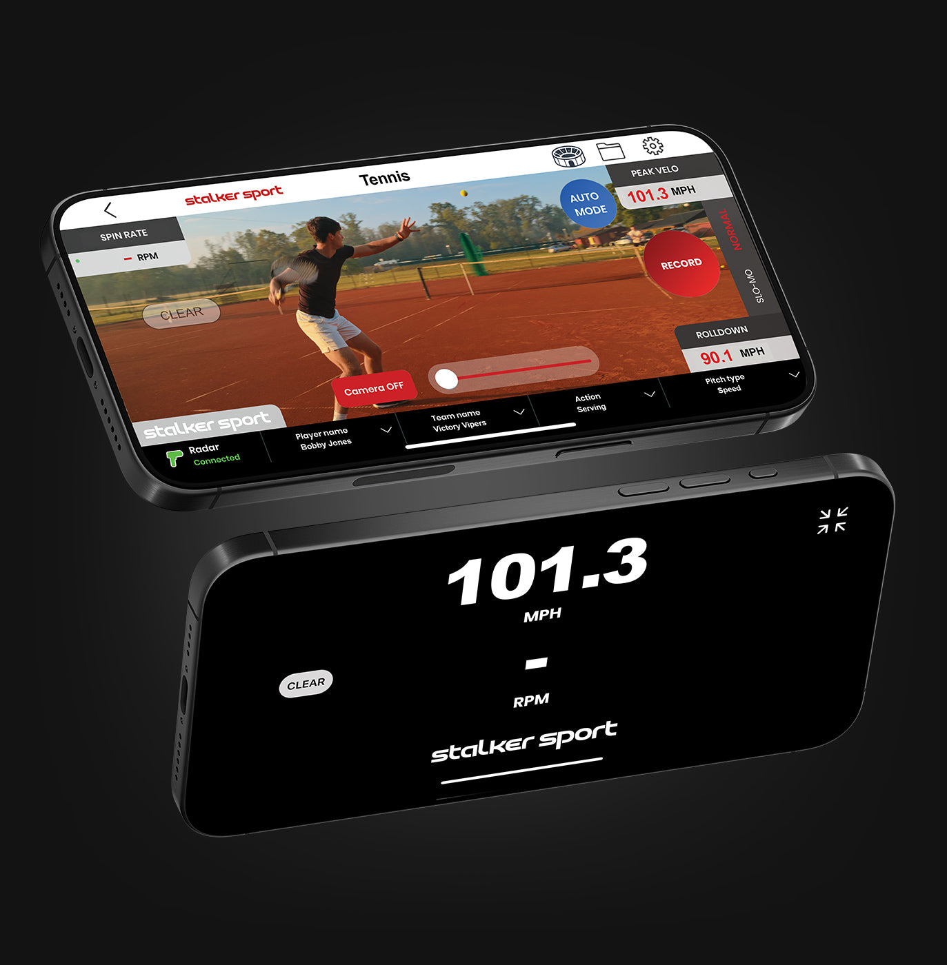 Two phones displaying the Stalker Sport Radar app. The top phone is in video mode and is showing a tennis player returning a ball at 101.3 MPH. The bottom phone shows the app in Stadium Mode, displaying a speed of 101.3 MPH. 