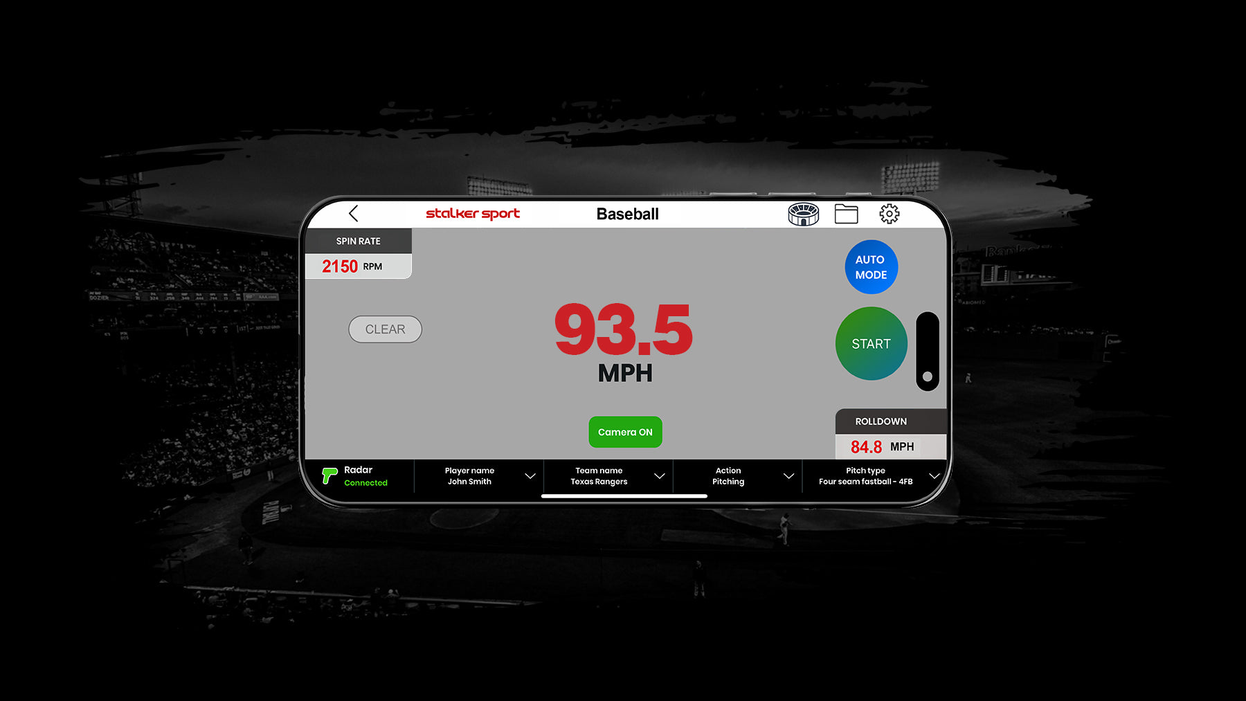 Phone screen displaying  the Stalker Sport Radar app measuring a baseball pitch speed of 93.5 MPH and a spin rate of 2150 RPM.